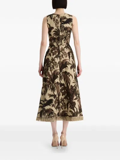 Oscar De La Renta Sleeveless Chine Palm-print Belted Midi Dress In Multi