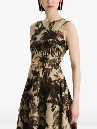 Oscar De La Renta Sleeveless Chine Palm-print Belted Midi Dress In Multi