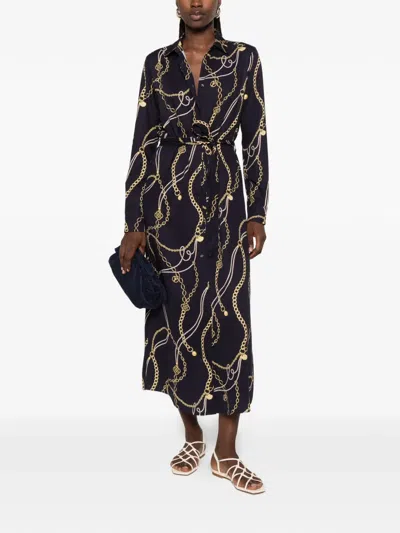 Gant Chain-print Belted Shirt Midi Dress In Blue