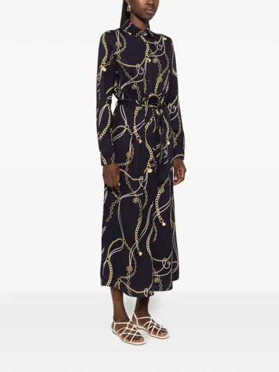 Gant Chain-print Belted Shirt Midi Dress In Blue
