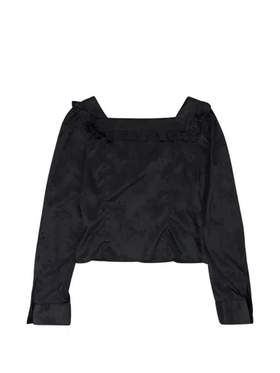 Callipygian Floral-jacquard Ruffled Blouse In Black