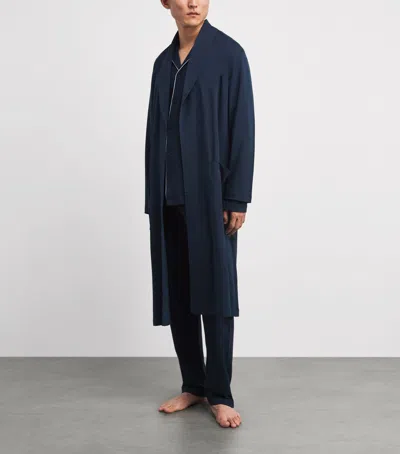 Hanro Night And Day Shawl Collar Cotton Robe 120cm In Deep Navy