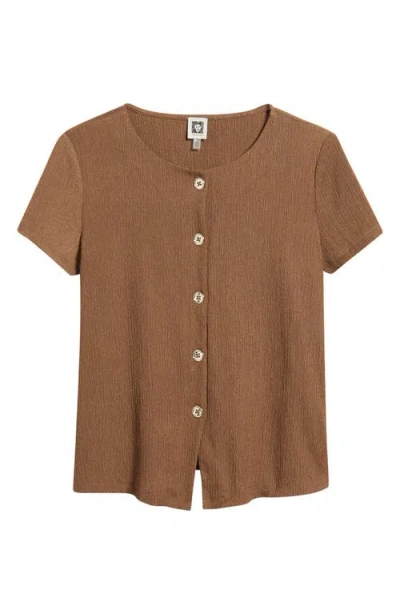 Ak Anne Klein Texture Front Button Top In Brown