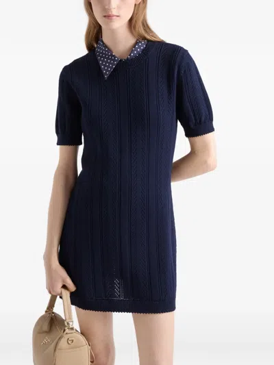Prada Openwork Cotton Mini-dress In Blue