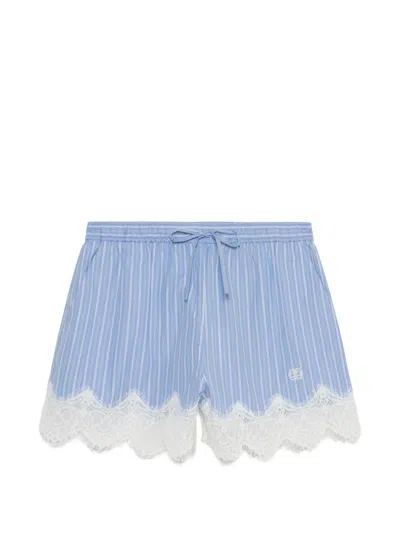 Simkhai Emmie Lace-trimmed Striped Cotton Shorts In Blue