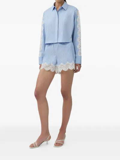 Simkhai Emmie Lace-trimmed Striped Cotton Shorts In Blue