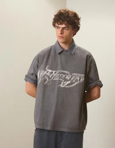 Bershka Printed Boxy Fit T-shirt In Gray