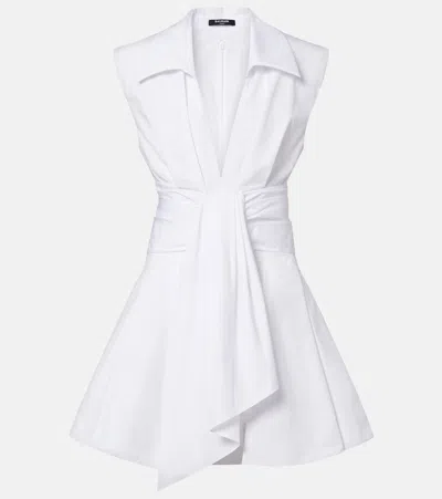 Balmain Belted Pleated Cotton-poplin Mini Dress In White