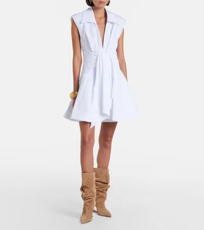 Balmain Belted Pleated Cotton-poplin Mini Dress In White