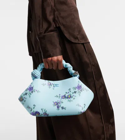 Ganni Mini Bag Structured Shape Floral Pattern Handle In Blue
