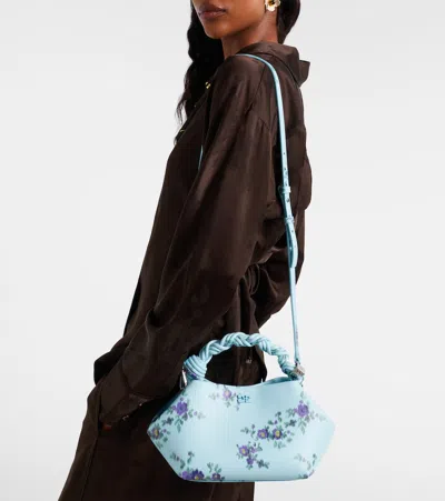 Ganni Mini Bag Structured Shape Floral Pattern Handle In Blue