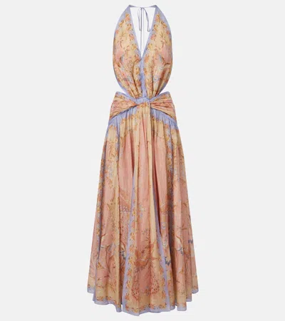 Zimmermann Indra Plunge Printed Metallic Cotton And Silk-blend Halterneck Maxi Dress In Brown