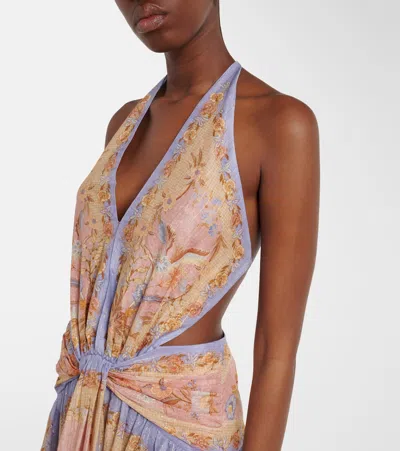 Zimmermann Indra Plunge Printed Metallic Cotton And Silk-blend Halterneck Maxi Dress In Brown