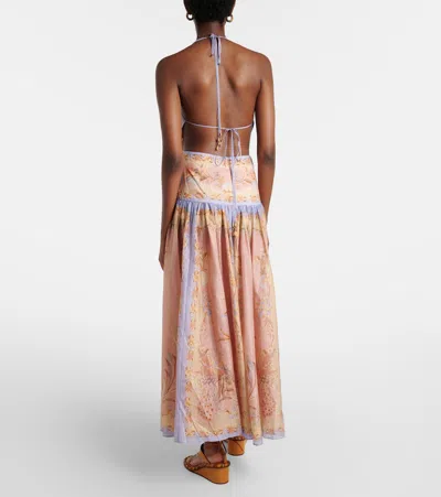 Zimmermann Indra Plunge Printed Metallic Cotton And Silk-blend Halterneck Maxi Dress In Brown