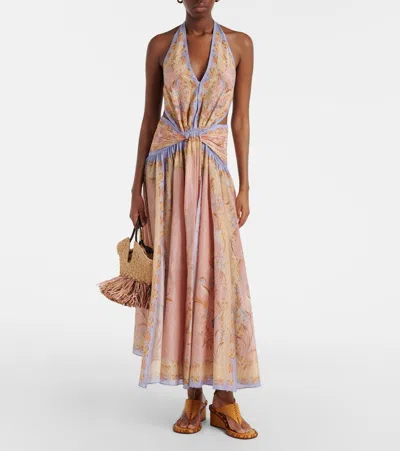 Zimmermann Indra Plunge Printed Metallic Cotton And Silk-blend Halterneck Maxi Dress In Brown