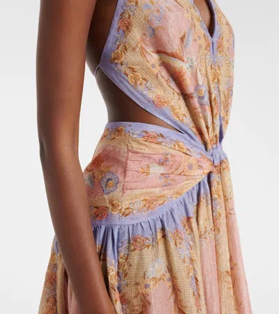 Zimmermann Indra Plunge Printed Metallic Cotton And Silk-blend Halterneck Maxi Dress In Brown