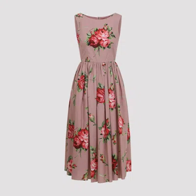 Dolce & Gabbana Abito Midi In Cotone Rosa Con Stampa Fiori Dolce E Gabbana In Multi