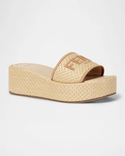 Fendi Sunshine Raffia Platform Slide Sandals In Gold
