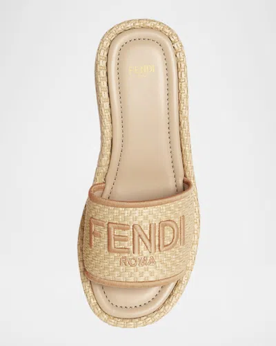 Fendi Sunshine Raffia Platform Slide Sandals In Gold
