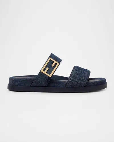 Fendi Double-band Embroidered Slides With Decorative Buckle In Multi