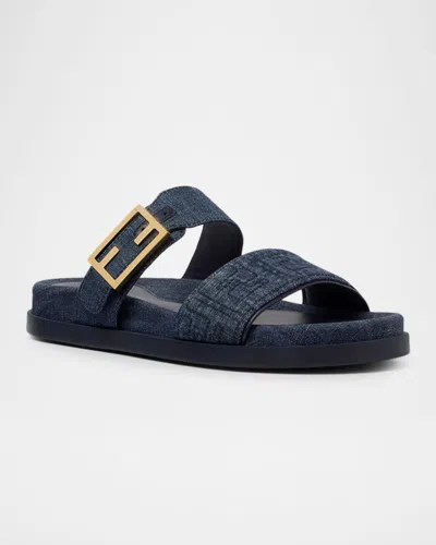 Fendi Double-band Embroidered Slides With Decorative Buckle In Multi