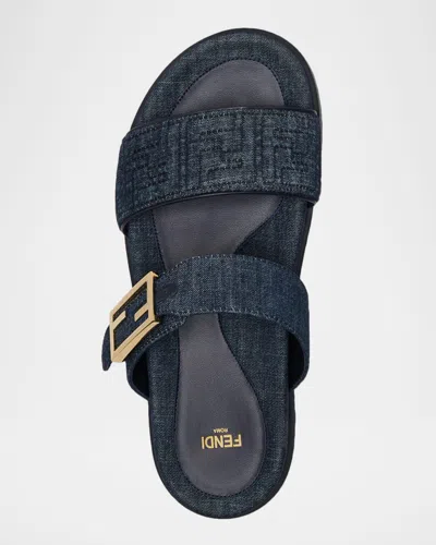 Fendi Double-band Embroidered Slides With Decorative Buckle In Multi