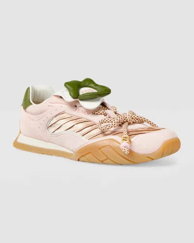 Fendi Wave Pulse Suede Sneakers With Satin Inserts In Gold