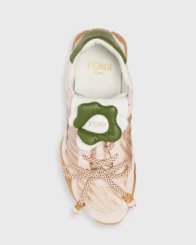 Fendi Wave Pulse Suede Sneakers With Satin Inserts In Gold