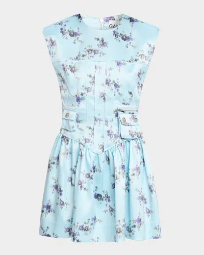 Ganni Printed Double Satin Corset Mini Dress Iced Aqua In Multi