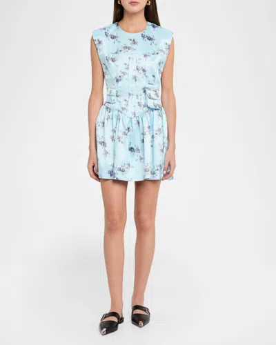 Ganni Printed Double Satin Corset Mini Dress Iced Aqua In Multi