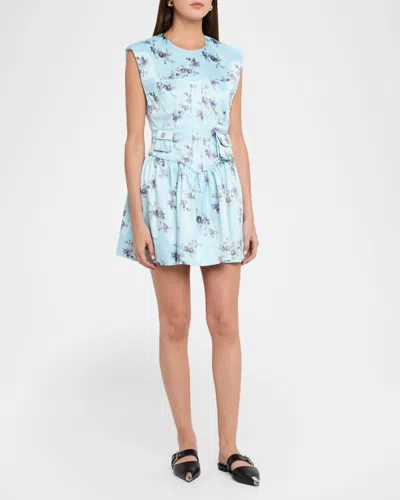 Ganni Printed Double Satin Corset Mini Dress Iced Aqua In Multi