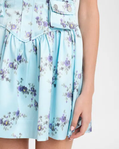 Ganni Printed Double Satin Corset Mini Dress Iced Aqua In Multi