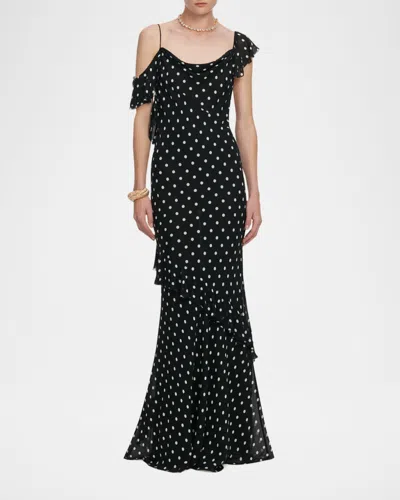 Self-portrait Long Dress Black Polka Dot With V-neck In Black Georgette For Women
