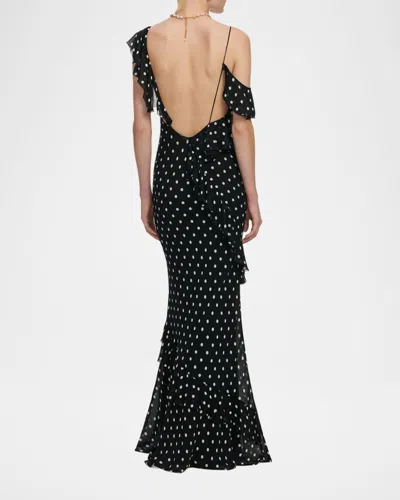Self-portrait Long Dress Black Polka Dot With V-neck In Black Georgette For Women