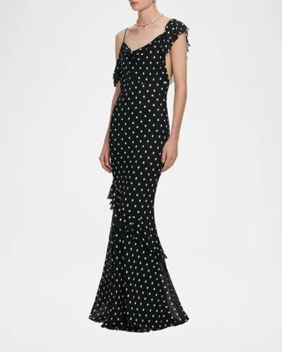 Self-portrait Long Dress Black Polka Dot With V-neck In Black Georgette For Women