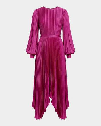 Mac Duggal Pleated Long Sleeve Handkerchief Hem Midi Cocktail Dress In Fuchsia