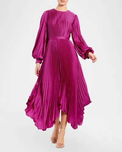 Mac Duggal Pleated Long Sleeve Handkerchief Hem Midi Cocktail Dress In Fuchsia