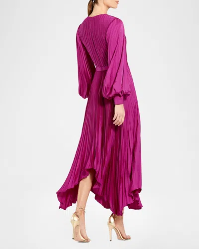 Mac Duggal Pleated Long Sleeve Handkerchief Hem Midi Cocktail Dress In Fuchsia