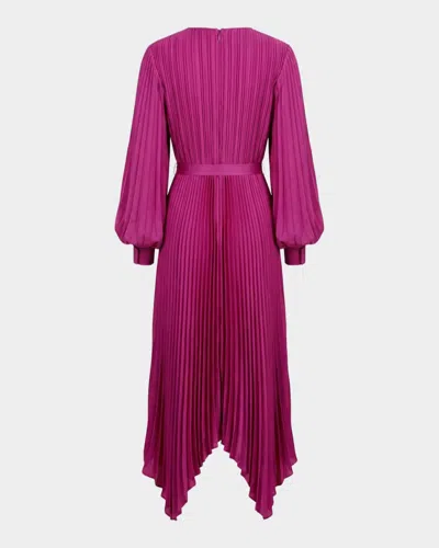 Mac Duggal Pleated Long Sleeve Handkerchief Hem Midi Cocktail Dress In Fuchsia