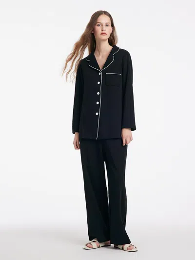 Goelia Black Long Sleeves And Pants Lapel Pajamas Two-piece Set