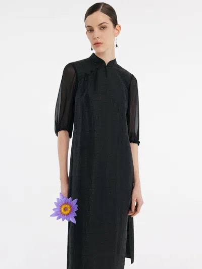Goelia 18 Momme Xiang Yun Silk Cheongsam Women Midi Qipao Dress In Black