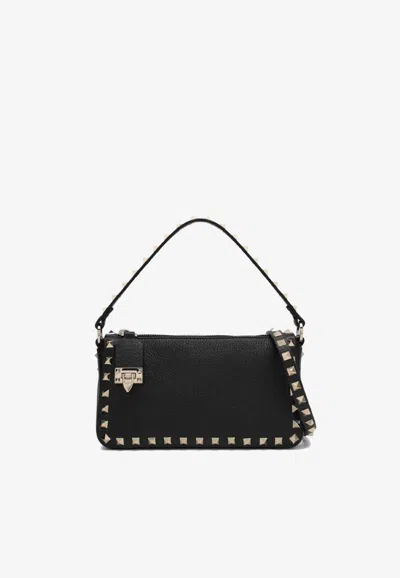 Valentino Rockstud Small Black Grainy Leather Crossbody Bag In Red