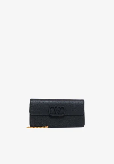 Valentino Garavani Vlogo Signature Grainy Calfskin Wallet With Chain Woman Black Uni In Black