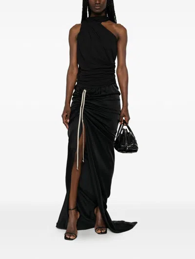 Rick Owens Draped Drawstring Maxi Ruched Side Slit In Black