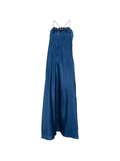 Zimmermann Aster Gathered Beaded Silk-satin Maxi Dress In Blue