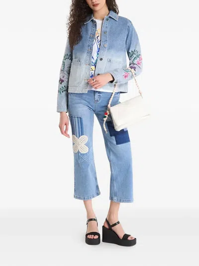 Desigual Floral Embroidered Denim Trucker Jacket In Blue
