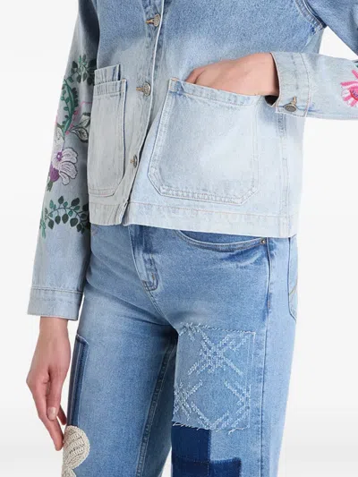 Desigual Floral Embroidered Denim Trucker Jacket In Blue
