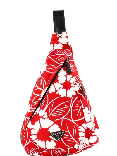Pre-owned Prada Zip Sling Printed Tessuto Backpack In Red