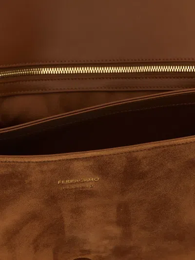 Ferragamo Suede With Gancini Hardware Shoulder Bag In Brown