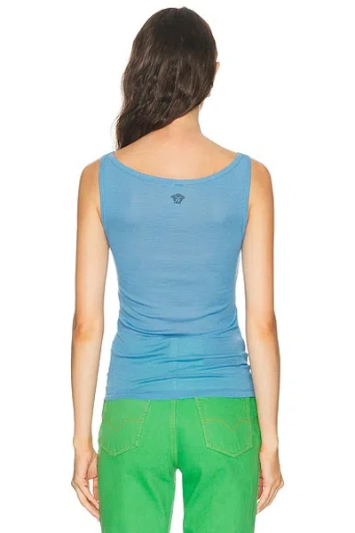 Versace Ribbed Silk-nylon Sleeveless Top With Subtle Logo In Blue